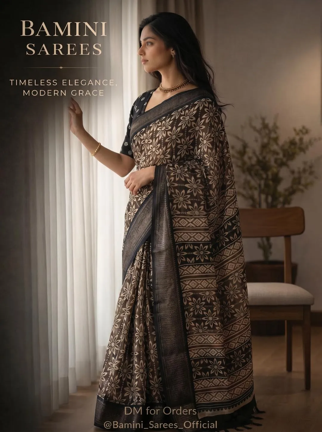 Coffee Brown Floral Printed Tussar Silk Saree