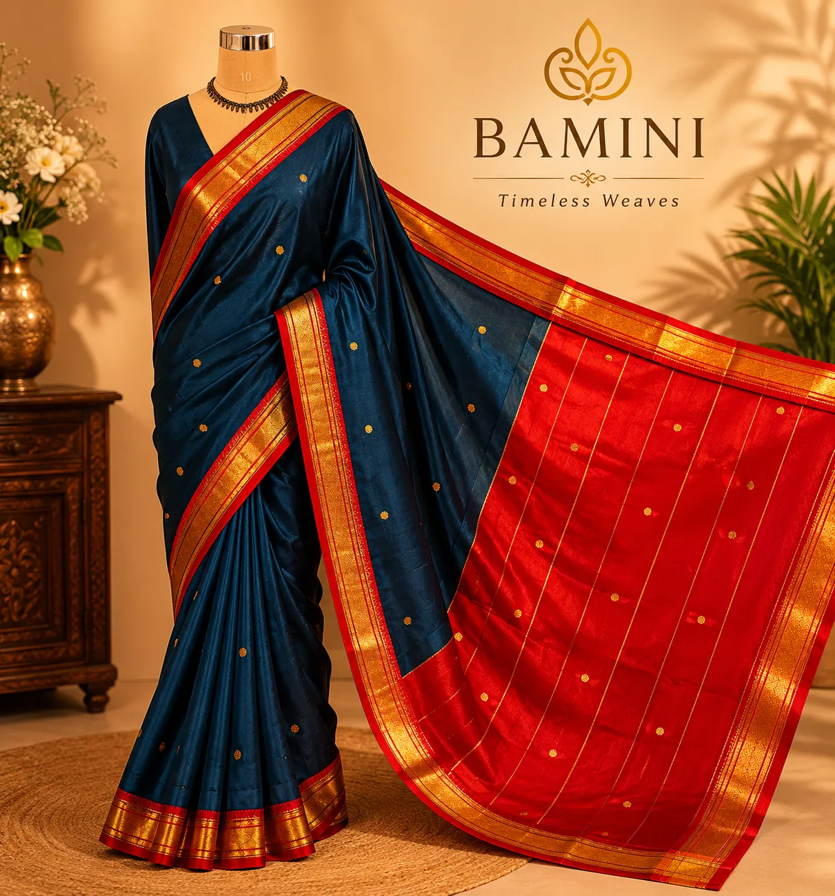 Navy Blue Soft Silk Saree with Rich Red Zari Border