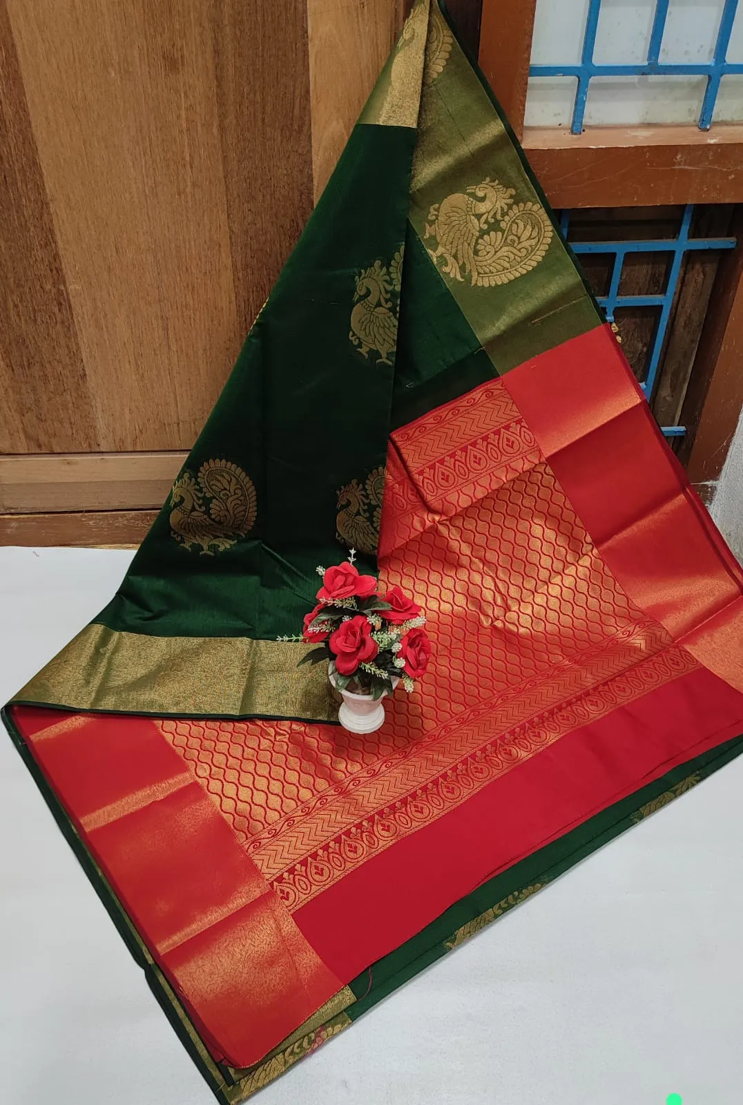 Chanderi kuppadam rich silk cotton saree Dark green