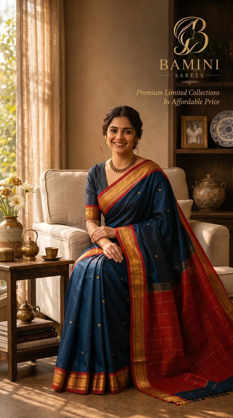 Navy Blue Soft Silk Saree with Rich Red Zari Border