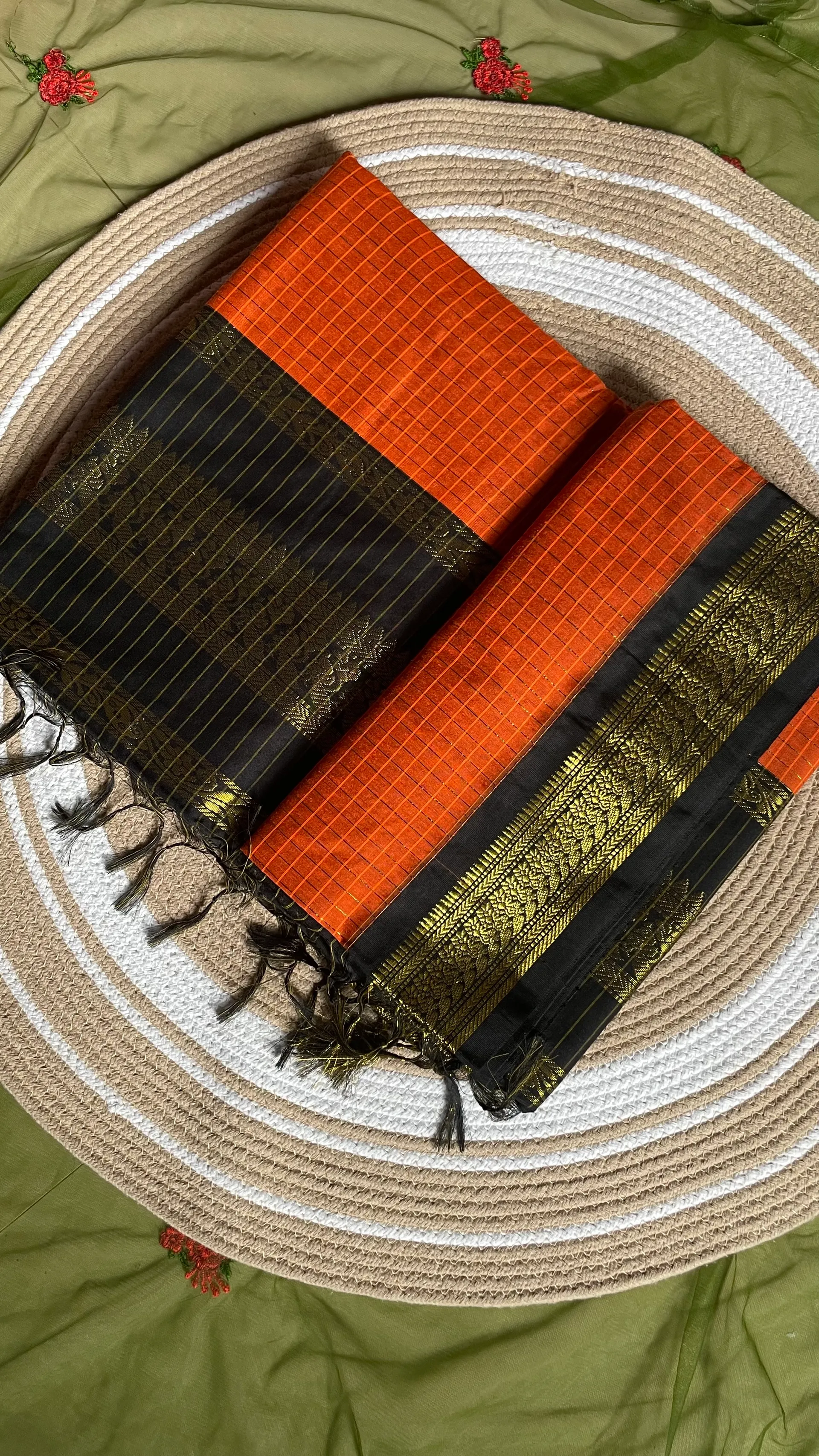Checked Kalyani cotton orange and black