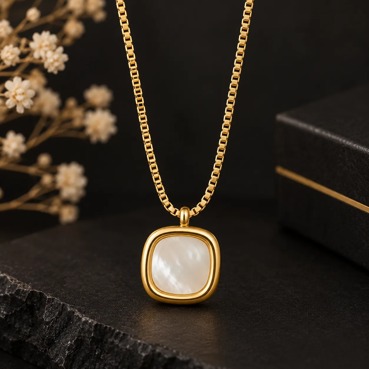 316L Stainless Steel 18K PVD Gold Plated Mother of Pearl Square Pendant Neckchain | Men