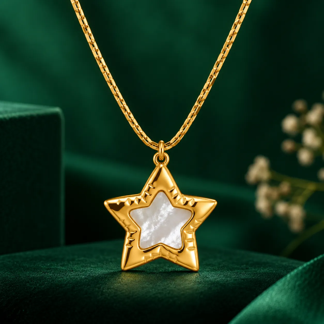 316L Stainless Steel 18K PVD Gold Plated Star Mother of Pearl Pendant Necklace