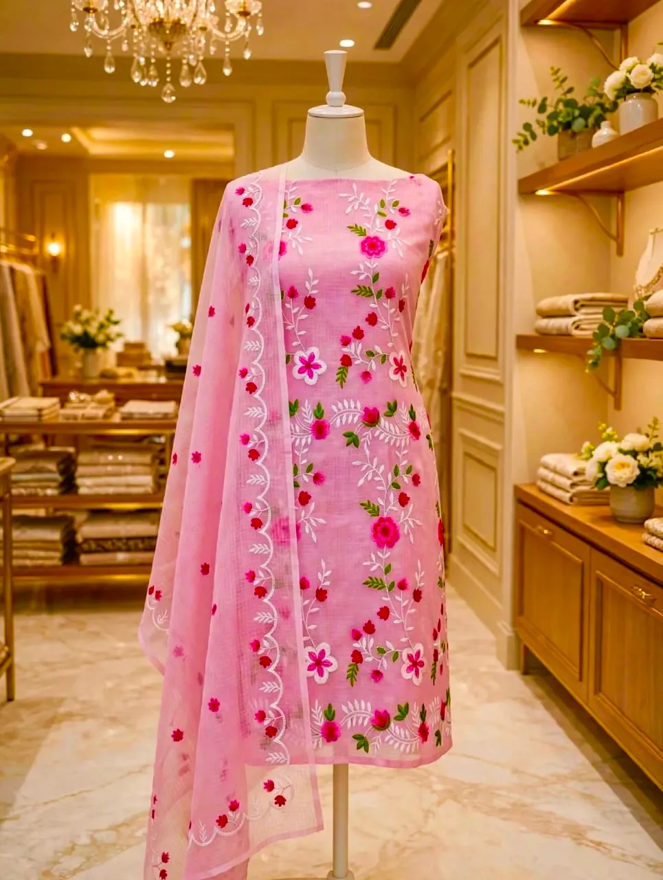 Kota doriya salwar with floral embroidery pink