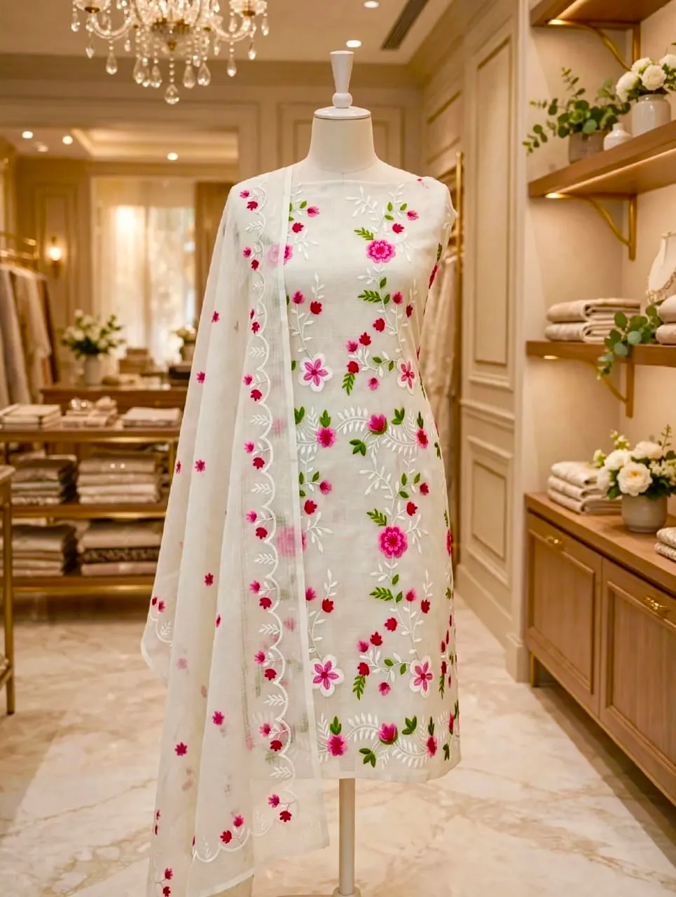 Kota doriya with floral embroidery white