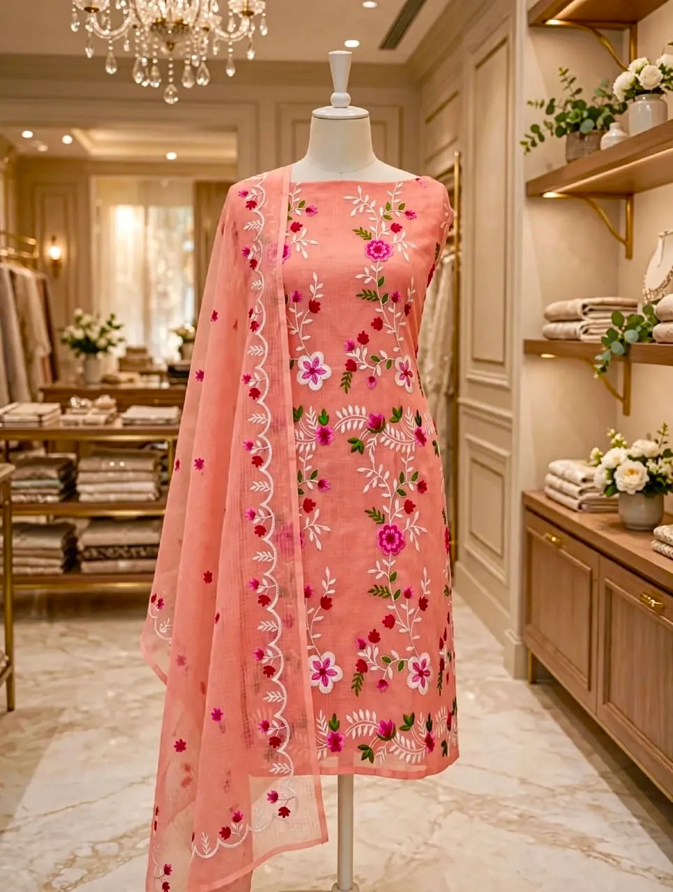 Kota doriya with floral embroidery Apricot