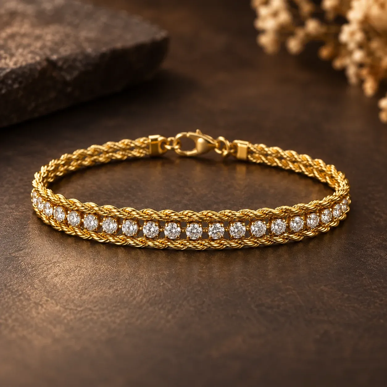 316L Stainless Steel 18KT Gold-Tone PVD finish Crystal detailed Bracelet