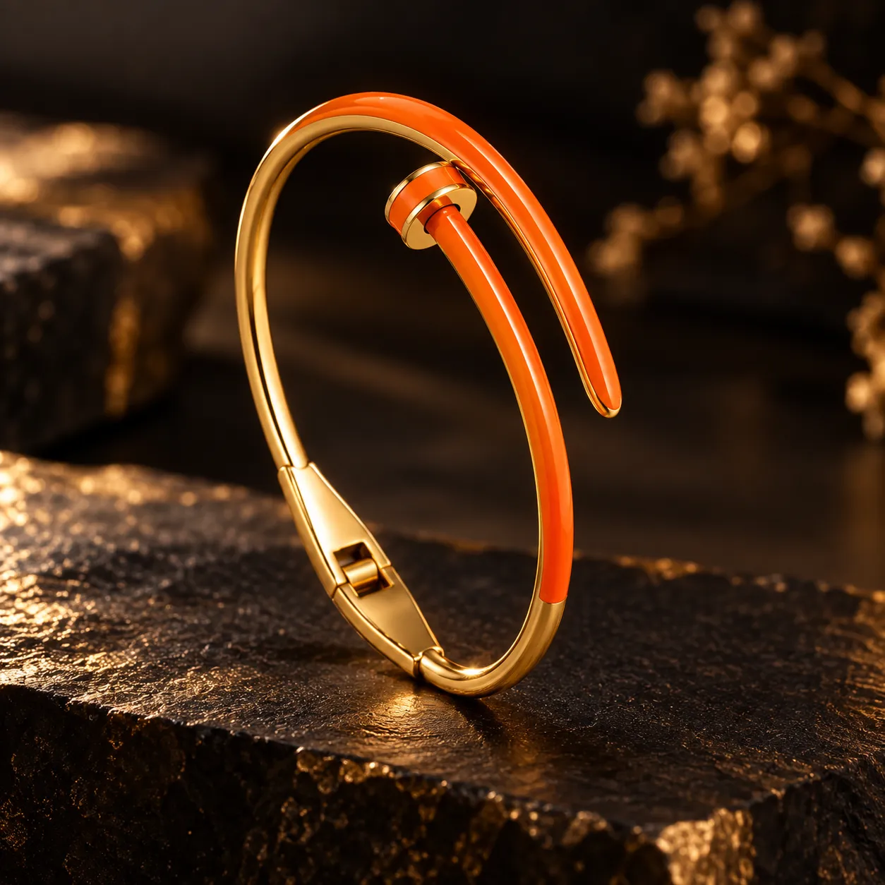 316L Stainless Steel 18KT Gold-Tone Orange Enamel Open Cuff Bracelet